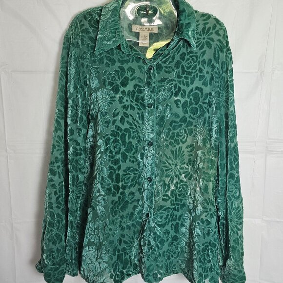 C.L.O.T.H.E.S Teal Sheer Blouse w/raised Velvet Design Size L NWT - Picture 1 of 4